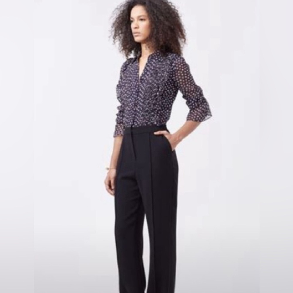 Diane Von Furstenberg Deep Navy Printed Silk Blouse Jumpsuit
